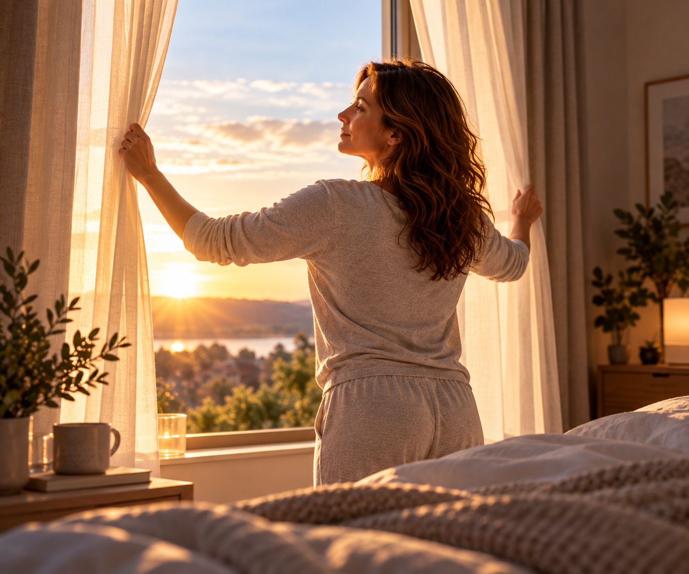 Eine Frau öffnet die Vorhänge und blickt in das warme Morgenlicht.