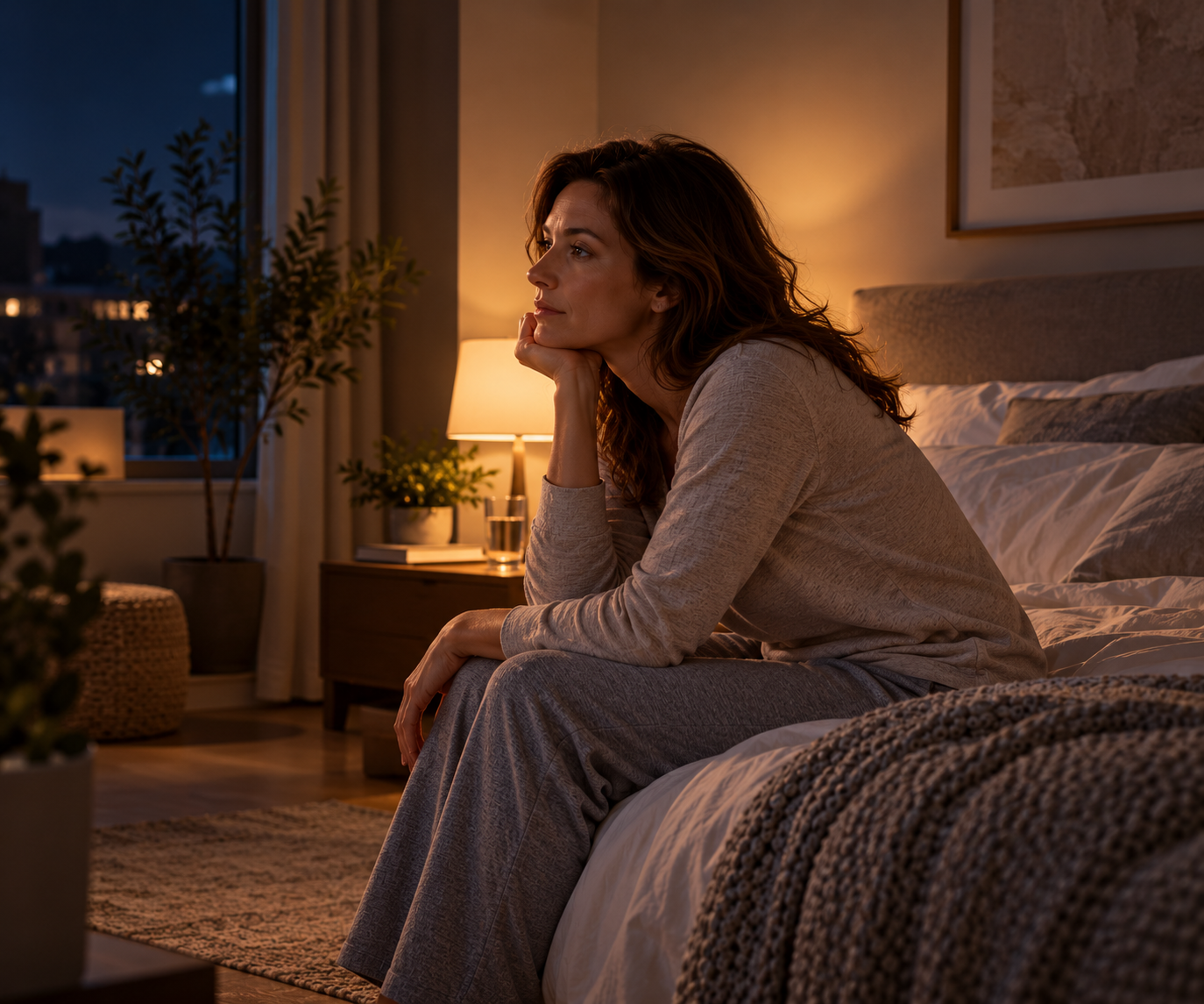 Eine Frau sitzt nachts nachdenklich auf der Bettkante im warmen Licht einer Lampe.